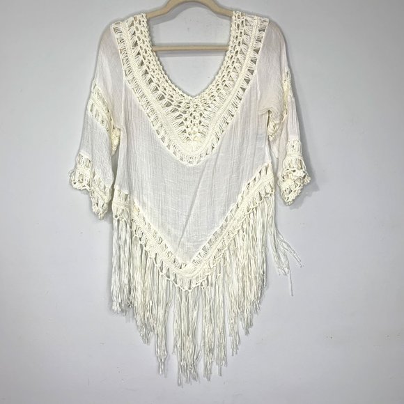 MR. BUHO Vintage Rayon Crinkle Gauze Crochet Fringe Scarf Boho Top OS‎ - Picture 5 of 7